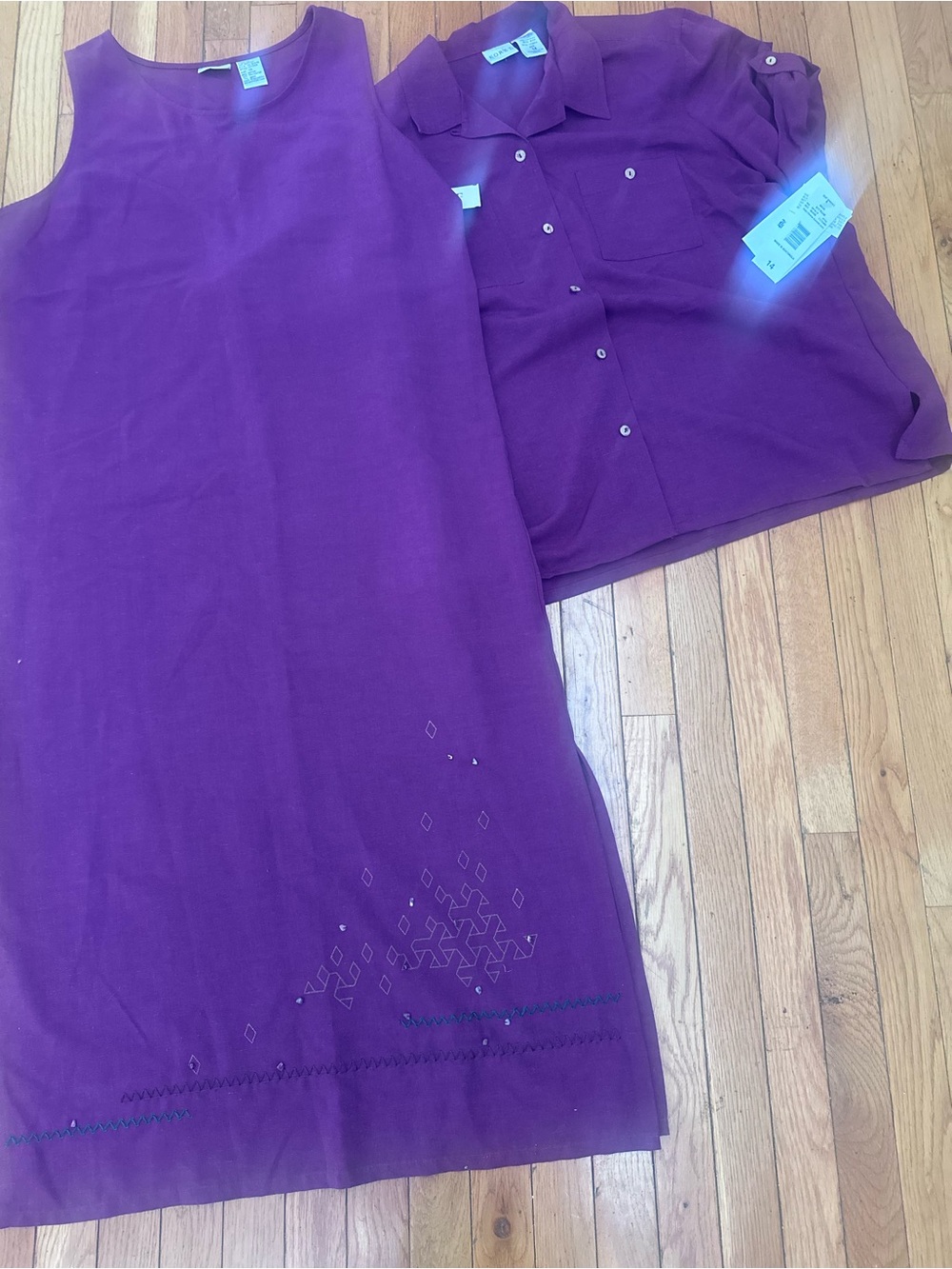 NWT Koret 14 Linen Blend Purple Sleeveless Shift Dress & Button Shirt Set